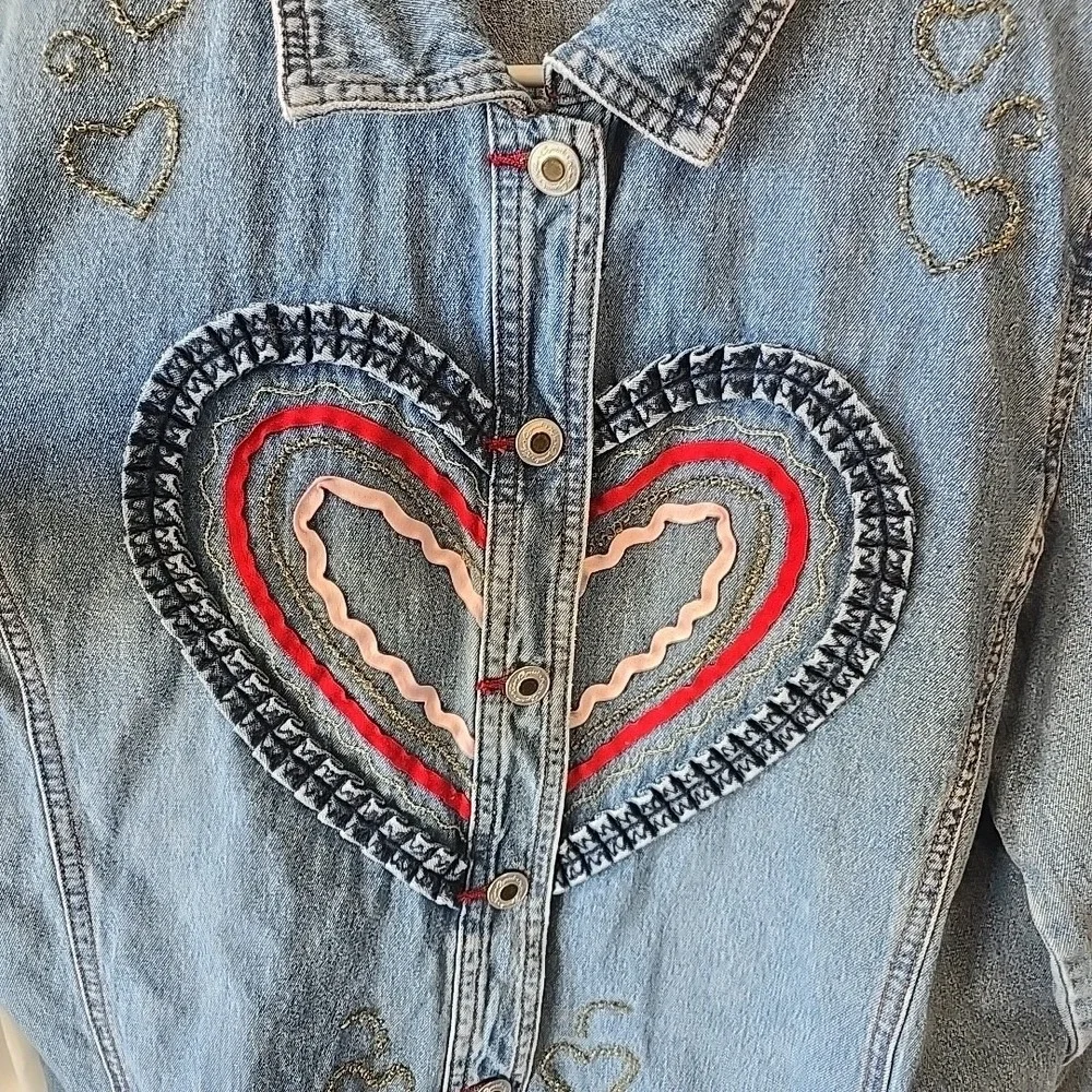 Crystal Kobe Denim Jacket With Fabric & Beaded Heart Designs Button-Up Size S‎